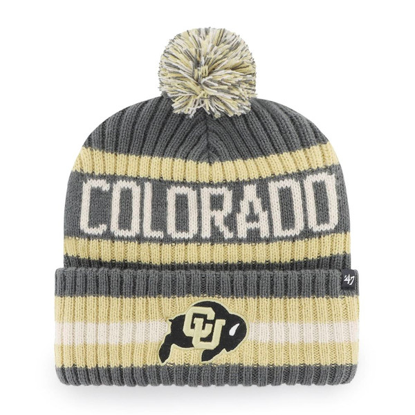 A gray beanie with Vegas Gold stripes and a multi-colored pom-pom on top, featuring Colorado in white writing and a C-U Buffalo logo.